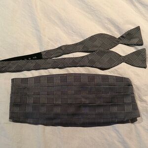 Classic Black and White Plaid Silk Bow Tie and Cummerbund Set